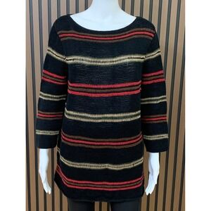 Lauren Ralph Lauren Hand Knit Striped Linen Cotton Sweater Black Women's Medium
